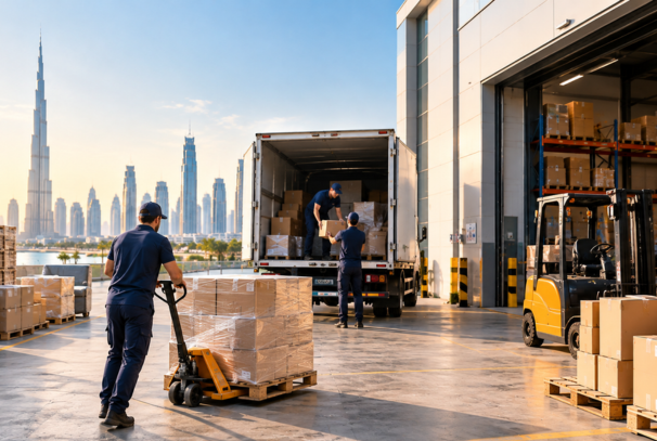 Timely movers team moving equipment in warehouse in Dubai